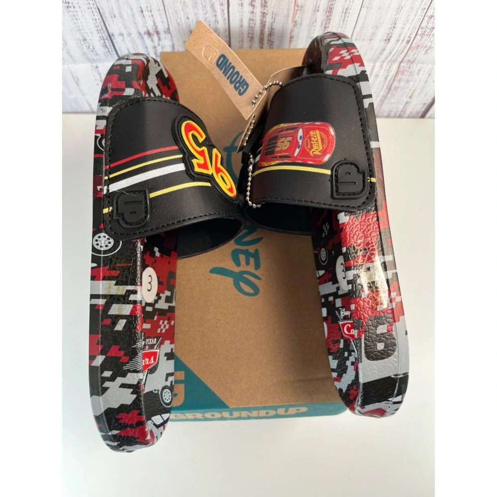 Disney Cars Lightning McQueen Slides Sandals Boys Size 3 Black Red Ground Up
